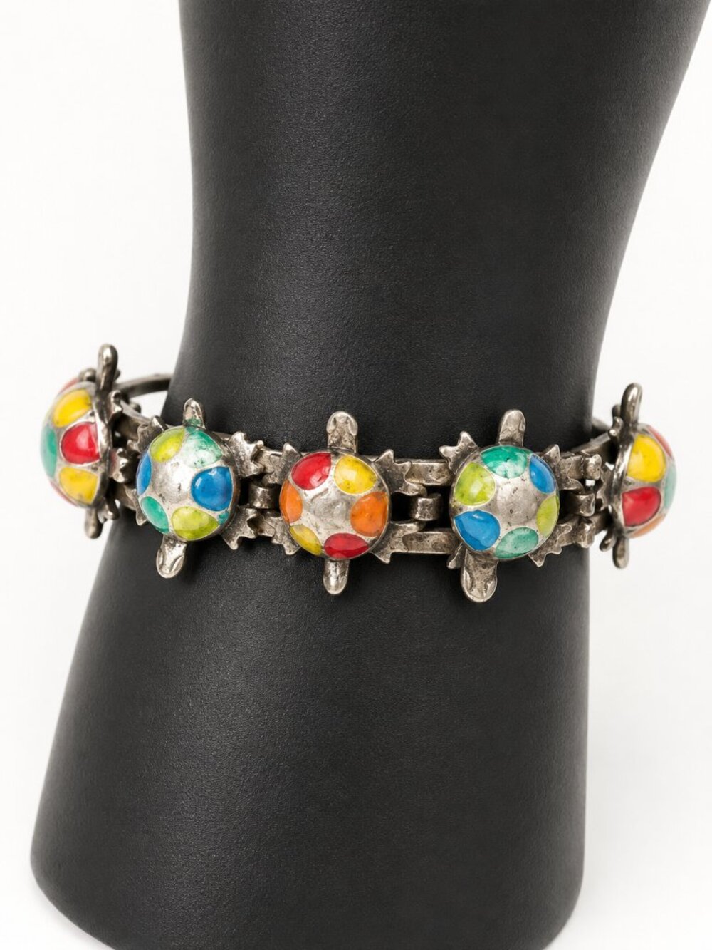 Vintage Style Colorful Enamel Sea Turtle Hinged Bangle Bracelet Silver Tone